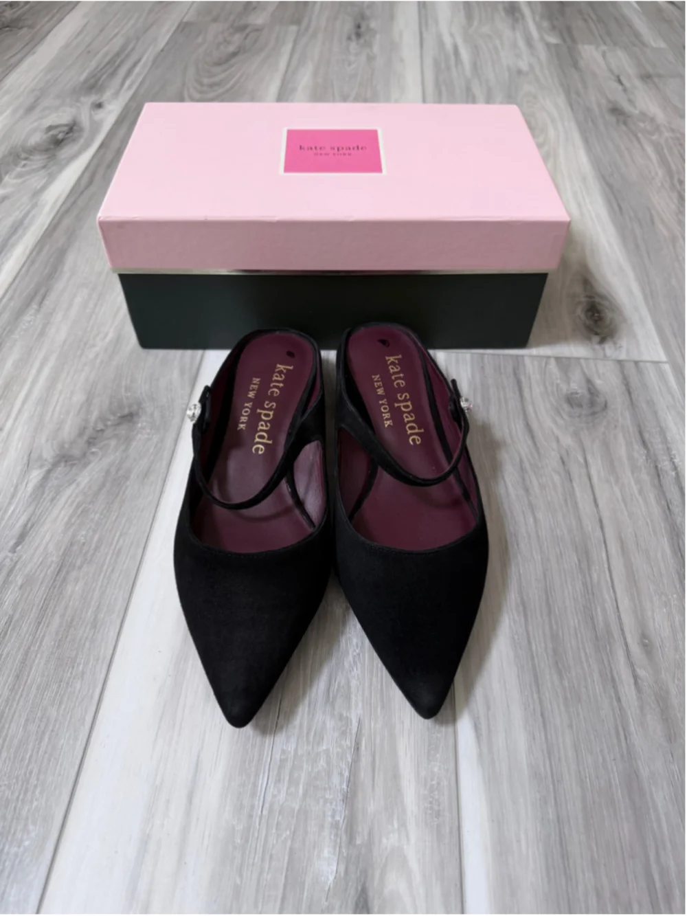 Kate Spade Meg Mules Black Suede Pointed Toe Crystal Size 9.5 New Box